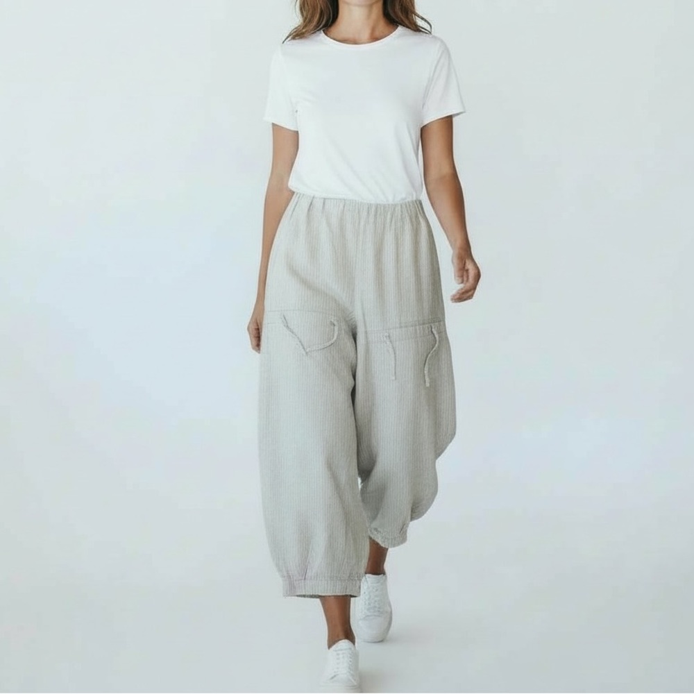 Kokomarina Women's linen striped Gray Wide-Leg barrel Pants Sz M
